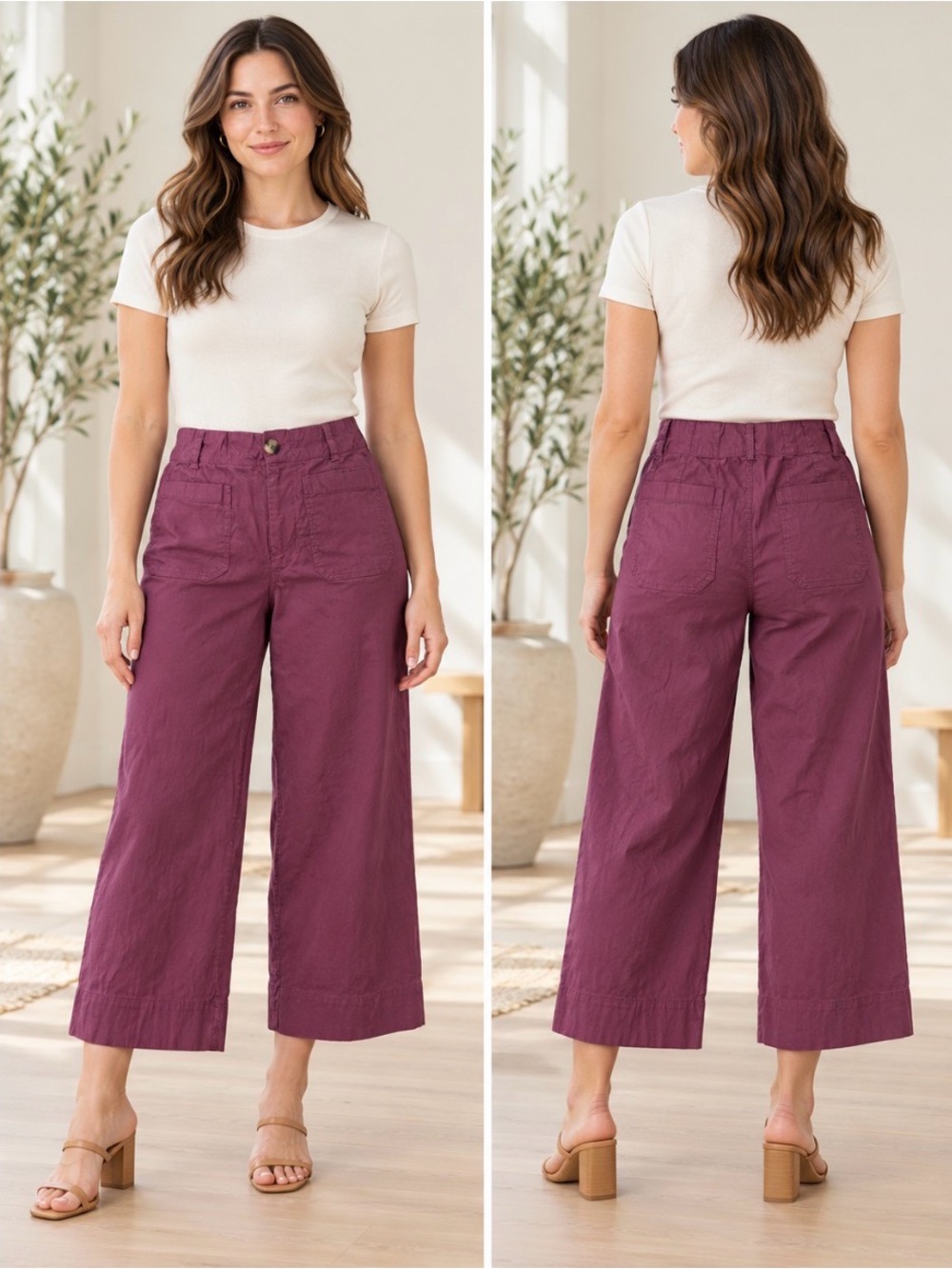Anthropologie Maeve Colette Plum Linen Blend Wide Leg Crop Pants 30P Petite